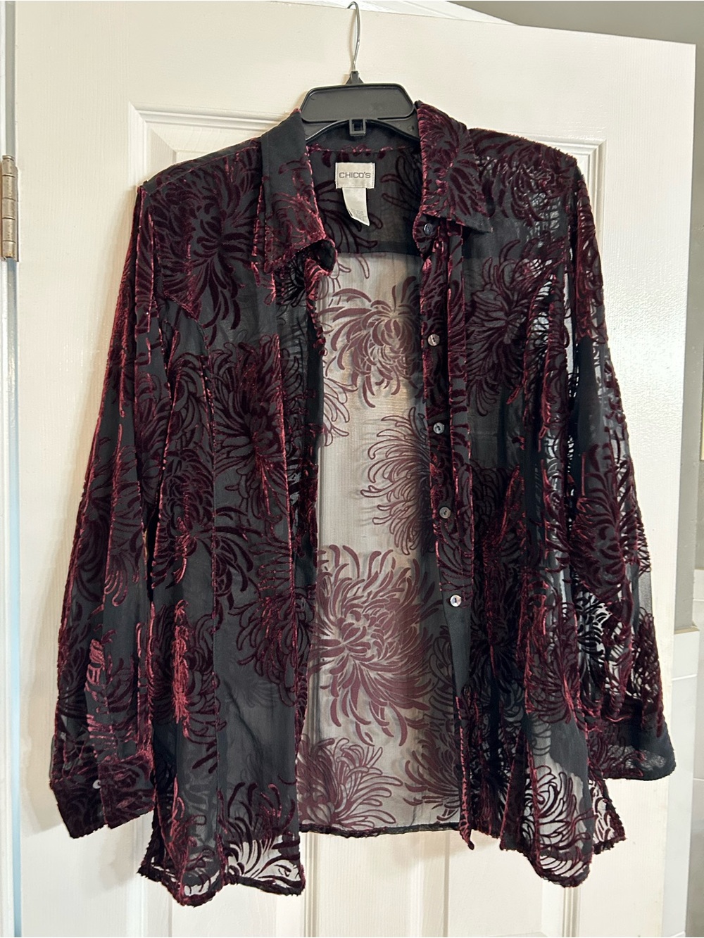 Chico's Burgundy and Black Burnout Velvet Button-Down Shirt